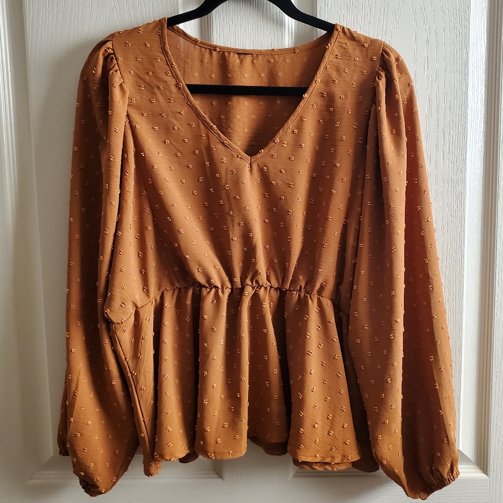 Mustard Gold Boho Blouse Long Sleeves Textured Swiss Dot Cinched Peplum Waist